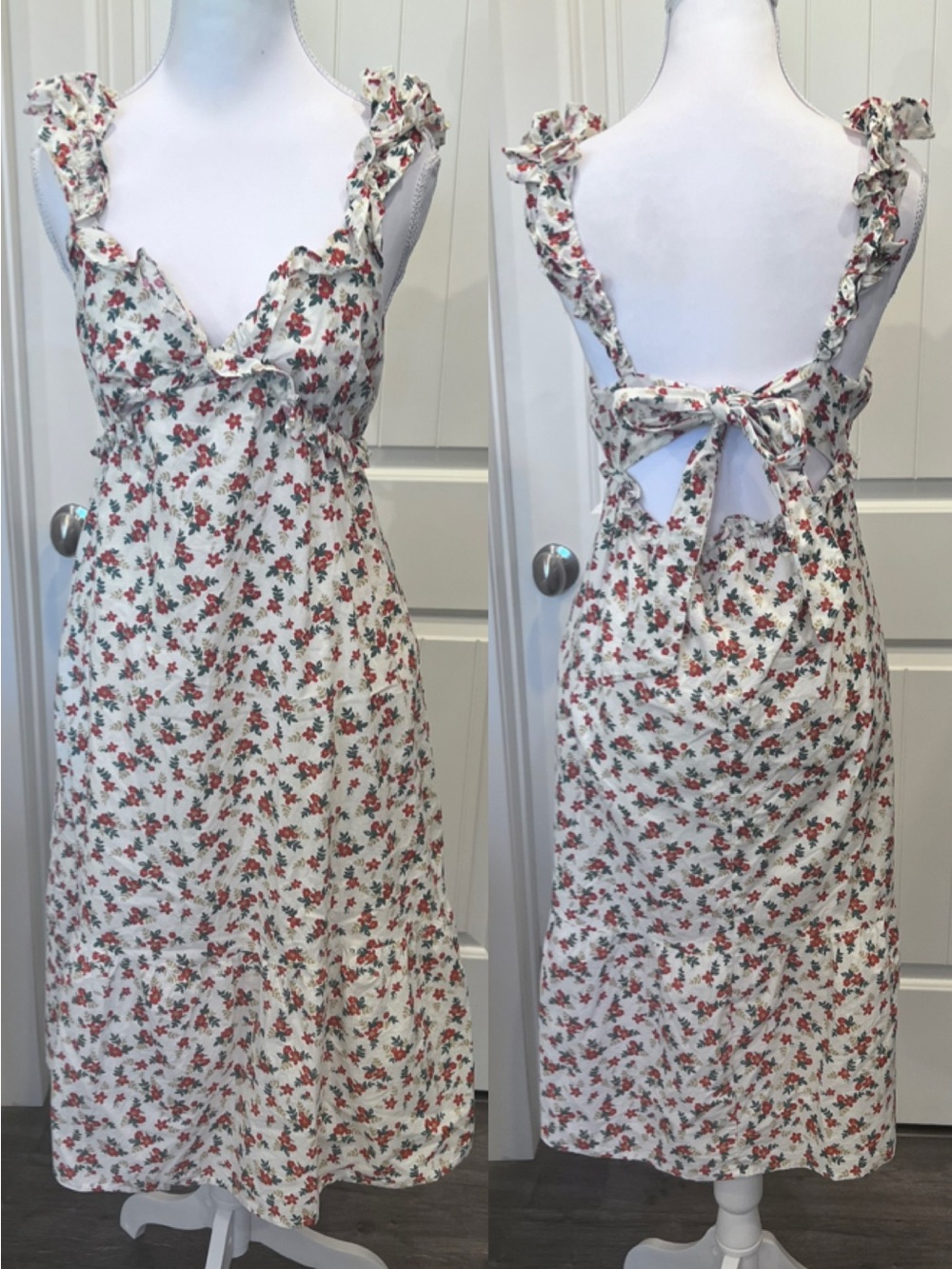 Floral Tie-Back Floral Print Lined Sundress   Ruffle Straps & bodice Sz Small